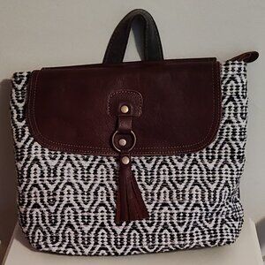 Myra Bag Leffis Backpack, brown, black & white leather, canvas & rug, NWTs